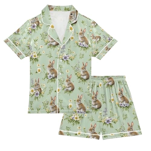 senya Watercolor Rabbit S Satin Summer Pajama Sets Silk Short Sleeve Button Down Sleepwear