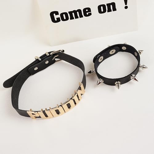 HUASAI Puddin Choker Necklace Bracelet Set Halloween Gothic Jewelry Punk Leather Collar Necklace Spike Bracelet Halloween Costumes Cosplay Accessories4