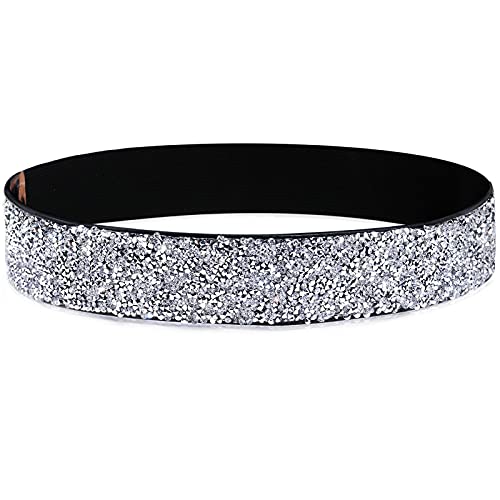 YooAi Ceinture élastique en cuir synthétique avec strass et cristaux brillants pour femme, Cristal blanc + bracelet noir, L: Fit Waist 36