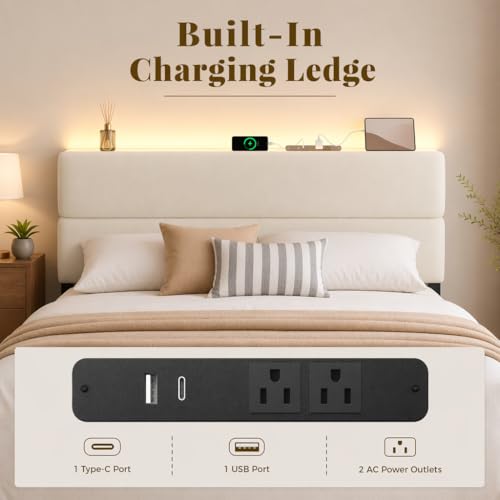 Image of Queen Bed Frame with 2 Storage Drawers, Beige Velvet Upholstered | Platform Bed with Charging Ledge, LED Headboard Lighting, Metal Support, Noise Free, No Box Spring Needed, Easy Assembly