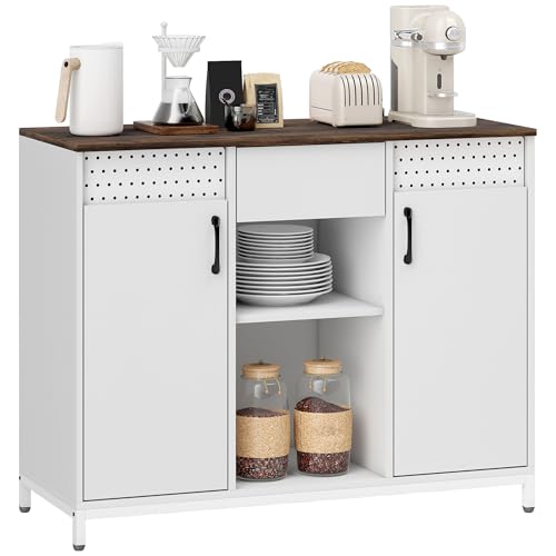 HOMCOM Aparador de 2 Puertas con Orificios, Aparador para Salón con Cajón, Compartimentos Abiertos, Estantes Ajustables, para Cocina, Entrada, Oficina, Blanco, 100x40x80 cm