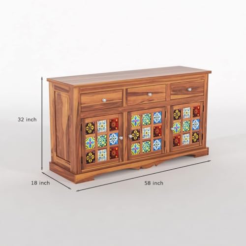 Image of Sheesham Wood Sideboard and Cabinets | Wooden Side Board Tv Cabinet with Multicolor Tiles for Living Room | Free Standing Buffet Cabinet with 3 Drawers & 3 Door Storage | Natural Finish