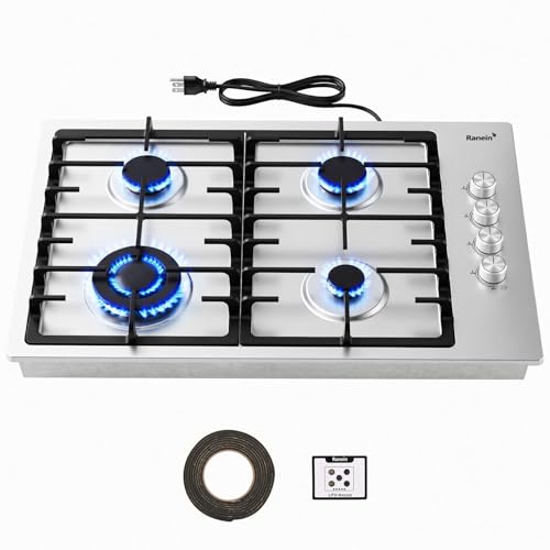 Image of Ranein 30 Inch 4 Burner Gas Cooktop, NG /LPG Convertible Gas Stove Top, 304 Stainless Steel with Thermocouple Flameout Protection for Kitchens, Apartments, RVs