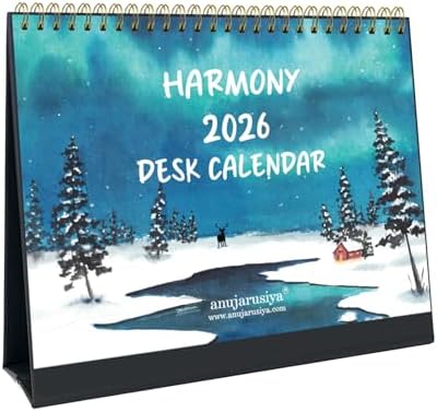 anujarusiya Harmony Desktop Calendar 2026 | Printed Watercolor art with quotes | Golden Twin Wiro | 8.75" X 7.5" | functional with notes space and 1 sticker sheet | Perfect Table Calendar for Study desk