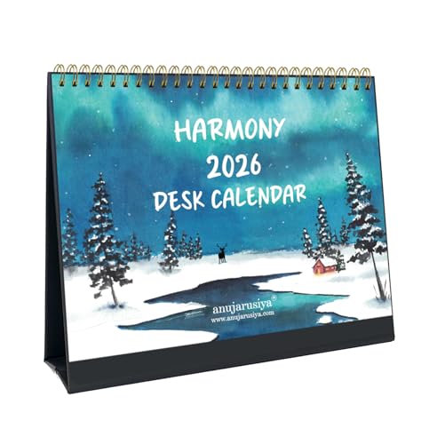 anujarusiya Harmony Desktop Calendar 2026 | Printed Watercolor art with quotes | Golden Twin Wiro | 8.75" X 7.5" | functional with notes space and 1 sticker sheet | Perfect Table Calendar for Study desk