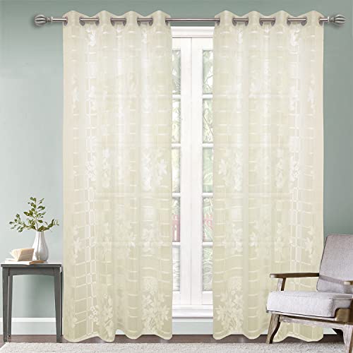 Image of Kuber Industries Flower Print 7 Feet Cotton Door Curtain for Living Room, Bed Room, Kids Room with 8 Eyelets Pack of 2 (Cream)-50KM01054