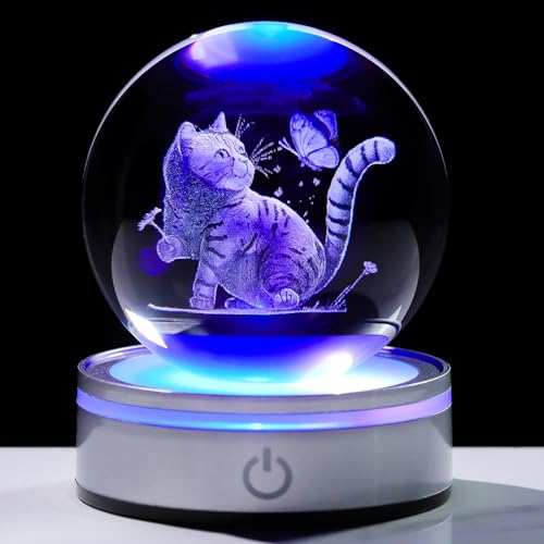 Arikyrist 3.15in. Crystal Ball Engraved 3D Cat and Butterfly Gifts for Women, K9 Crystal Decorative Cat Ball with LED Light Base for Birthday, Christmas, Home Office