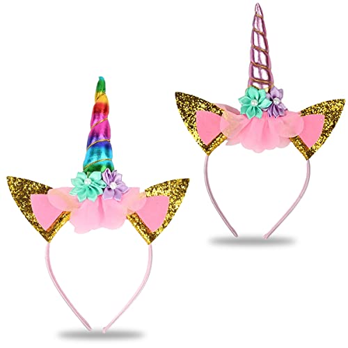 HONGECB Haarreif Einhorn Stirnband, Haarreif Einhorn Kinder, Unicorn Horn Kopfschmuck, Unicorn Horn Haarschmuck mit Ohren, Kunststoff Stirnbänder, für Ostern Geburtstag Birthday Party, 2 Stück(B) Cover