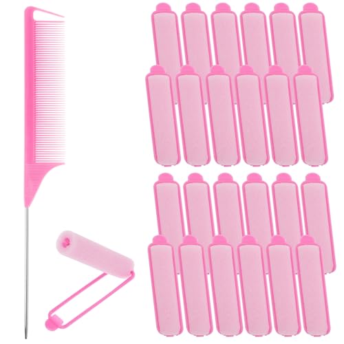 24Pcs Sponge Rollers for Women's Hair, Foam Hair Rollers for Women Sleeping, Heatless Foam Sponge Hairs Roller, and 1 Rat Tail Comb for Hairdressing Styling, Short, Thin, Medium Hairs (Pink)