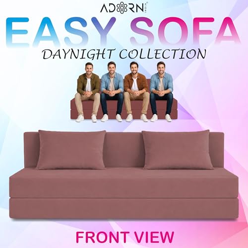 Image of Adorn India Easy 4 Seater Sofa Cum Bed | Velvet Fabric | Pink | Plain Design | 6x6 Ft | Comfortable Seating | Washable Cover | Perfect for Home & Office