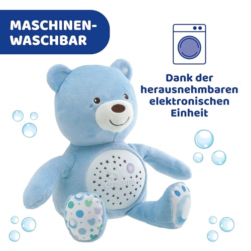 Chicco Kuscheltier Bär, Baby Spielzeug ab Geburt, Teddybär Plüsch, weicher Projektor mit Nachtlicht, Lichteffekten und entspannenden Melodien, Kinderspielzeug 0+ Monate, Hellblau, Kindertag Geschenk
