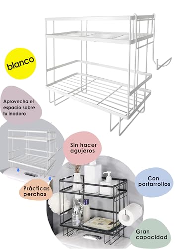 CM BAÑOS - Estantería Doble para Inodoro, Organizador Baño, Portarrollos Incluido, Gran Capacidad - Estantería de Acero Lacado sobre el Inodoro, Sin Necesidad de Agujeros, Negro Mate, 34x15 cm - imagen 5