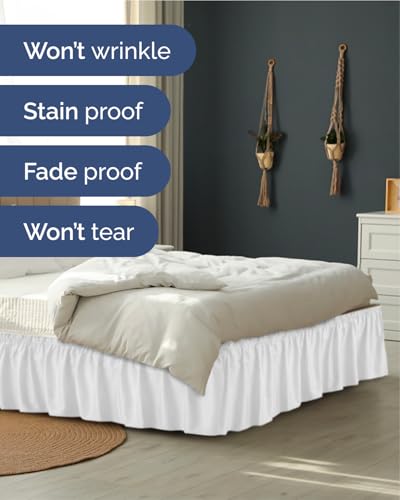 Image of Wrap Around Dust Ruffle Bed Skirt, King Size Beds - 15 Inch Drop, White | Easy Fit Elastic Strap, Adjustable Pleated Bedskirt w /Brushed Fabric, Wrinkle & Fade Free, for Women, Men, Kids & Teens