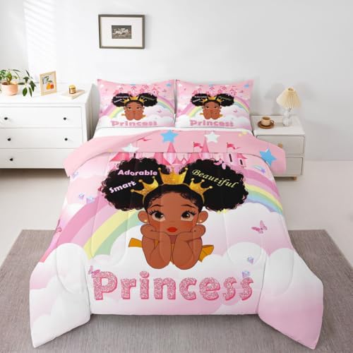 Erosebridal Black Girls Queen Comforter Set Pink Rainbow Princess Bedding Set for Kids Nursery African American Quilt Set Black Princess Girl Duvet Insert Pretty Little Girls Inspirational Bed Set