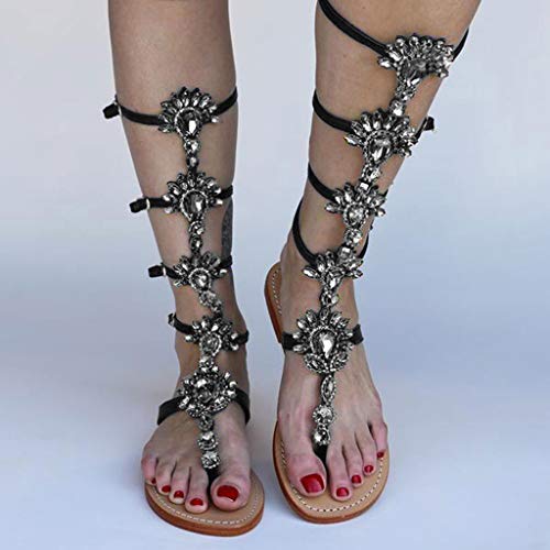 Haoricu Knee High Sandals Bohemian Rhinestones Wedding Dress Sandals Summer Rome Gladiator Flats(Black,5.5) #TOP1