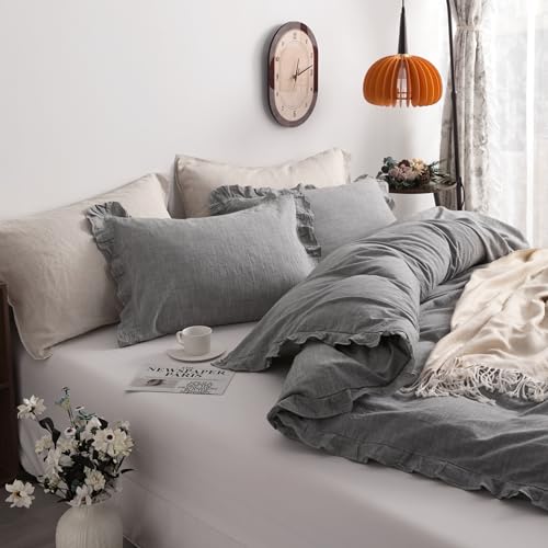 NTBAY 3 Pieces Ruffles Linen Duvet Cover Set, Breathable Solid Color Comforter Cover (Grey, Queen) - Thumbnail 2