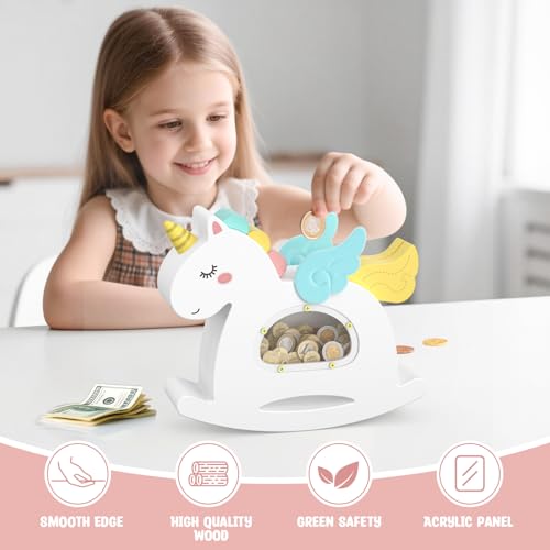 Summidate Unicorn Piggy Bank for Girls,Wooden Coin Banks for Kids Toddlers,Unbreakable Wood Rocking Saving Box, Personalized Present Toys for Child Birthday & Decor — view 4
