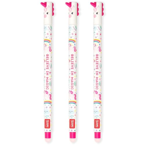 Legami - Set mit 3 löschbaren Gelstiften mit thermosensitiver Radier-Tinte 0 7 mm Spitze Einhorn-Designs