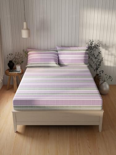 Image of KOPA Extra Smooth Cotton Double Bedsheet with 2 Pillow Covers -3pc Set (Lopez) | Extra Smooth Cotton | 1 Double Bedsheet with 2 King Size Pillow Covers Stripe-Purple /Grey