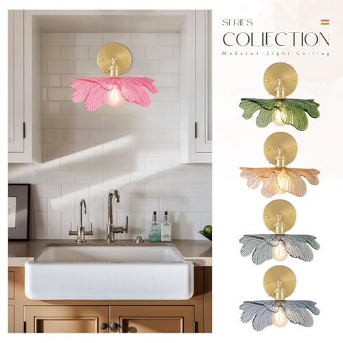 Image of Pink Glass Light Fixture Glass Flush Wall Sconce Lights Vintage Gold Bathroom Vanity Lights with Pink Flower Shape Shade 90 Adjustable Mid Century Rustic Wall Lamp for Over Mirror