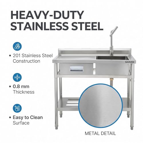 Image of Freestanding Stainless Steel Utility Sink with Hot & Cold Pull-Out Faucet, Large Capacity Laundry Sink with Storage Shelf & Drain Kit for Garage Kitchen Backyard Commercial Use