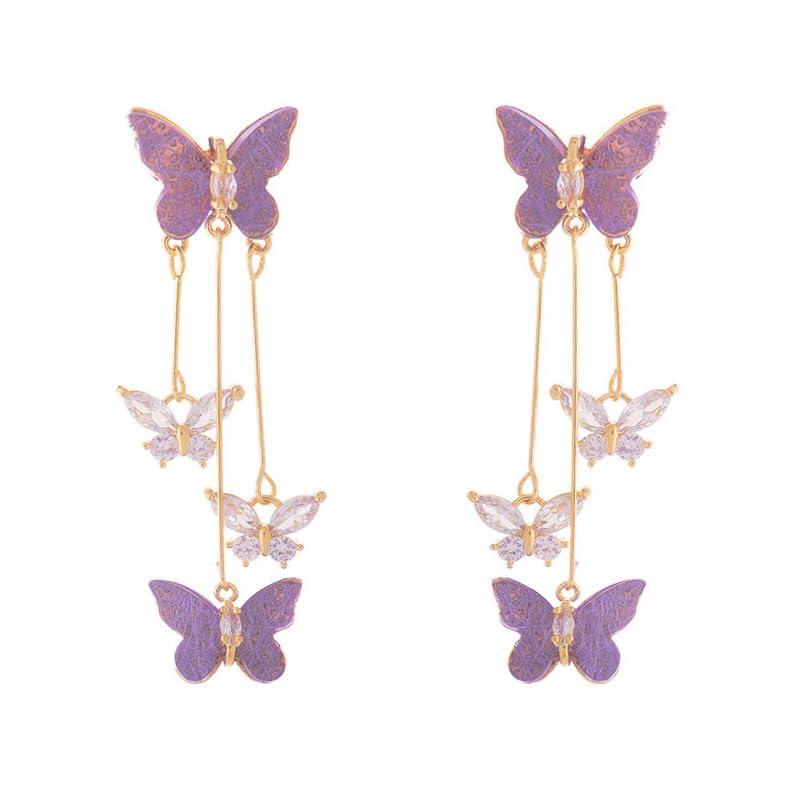 Purple Butterfly Tassel Style Zircon Earrings for Women Crystal Rhinestone Drop Earrings Long Butterfly Dangle Earrings Wedding Jewelry Gifts for Women