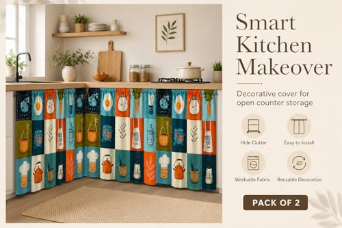 Image of Decorative Sink Curtain for Kitchen | Pack of 2| 150x70 cm Under-Sink Cover | Printed Fabric Panel with Rod Pocket | Washable Storage-Hiding Curtain for Modern Home Decor (Carrot Pack of 2)