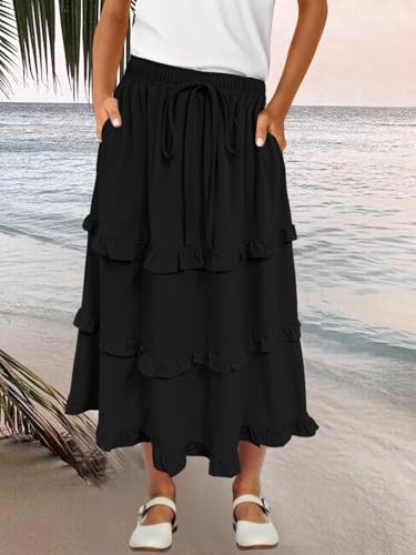 Image of Girls High Waisted Ruffle Maxi Skirt Soft Cotton Long Skirts with Elastic Waistband for Kid Girl 3-12 Years