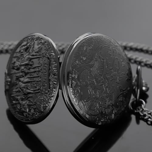 Image of Tiong Vintage Pocket Watch Engraved Cowboy Skull Wolf 3D Pattern Arabic Numerals Quartz Pocket Watch with Chain Best Gifts
