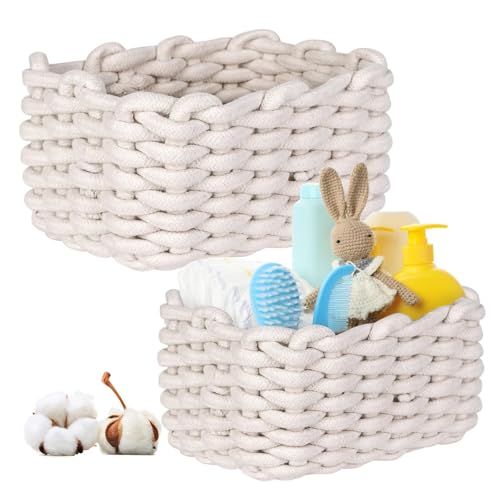 2 Pcs Aufbewahrungskorb en coton, tressé en corde de coton, paniers de rangement organisateurs pour chambre d'enfant, salon, salle de bain D27xH17 cm + D33xH22 cm (Blanc non éclaté)