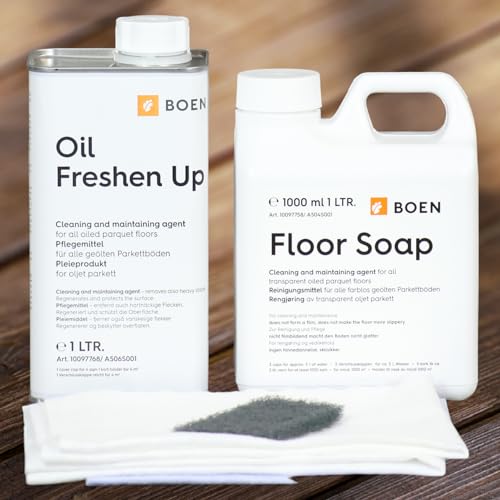 HPS® - Set per la pulizia e la cura del parquet oliato, composto da: 1 l di detergente Boen per parquet + 1 l di olio di finitura incolore + 1 set di salviette