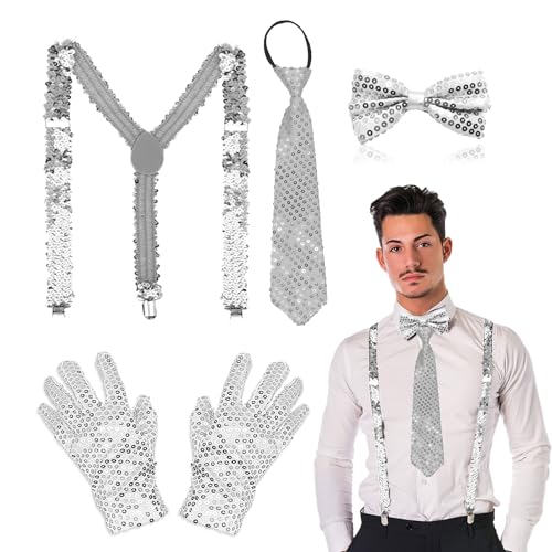 TUONYIS 4 Pièces Accessoires Disco Paillette Set Danse Jazz Déguisement Noeud Papillon à Sequins Cravate à Paillettes Bretelles à Paillettes Pour Déguisement Danse Fête Spectacle de Scène (Argent)