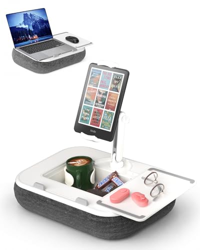 Viozon Kindle Pillow Stand Holder Phone Holder for Bed Laptop Lap Desk with Mouse Pad Compatible with 4.7-13 Kindle/Tablet/Phone 10-15 Laptop Snack Bowl&Cup Attachment&Detachable 360Stand Arm