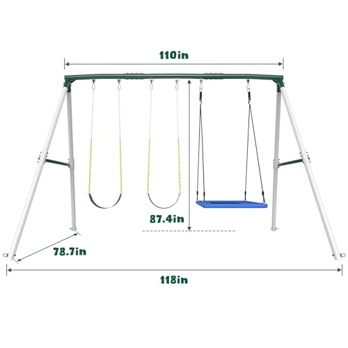 Hapfan 7.3ft Tall Heavy Duty Swing Set, 3 Swings Metal Swing Sets for Backyard, Big Kids Playset for Playground Outdoor