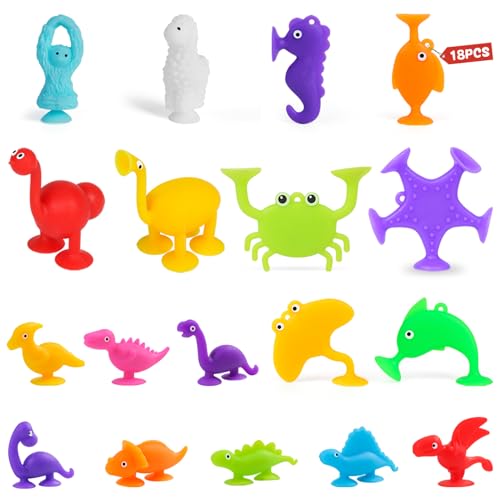 Baby Bath Toys for Kids Ages 4-8, 18 Pcs Silicone Ocean Animal Dinosaur Suction Cup Toys, No Hole Bathtub Toy Sensory Travel Window Fidget Toy for Toddlers Age 3, Party Favor Birthday