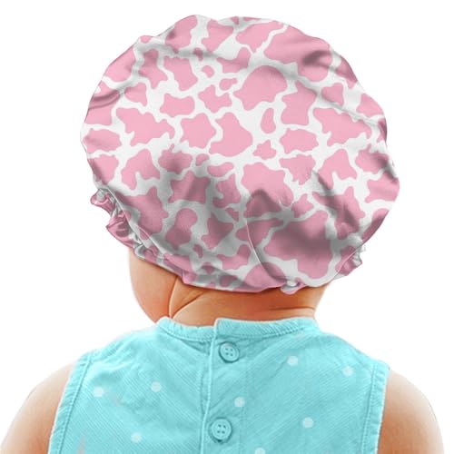 Image of Cow Print Pink White Kids Hair Cover Satin Bonnet Satin Sleep Cap Adjustable Elastic Band Beanie Hat for Night Sleeping Easy Clean Headwear for Girls Toddler Children Baby