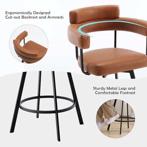Butacos giratorios de estilo mid-century modern, altura de barra (26 pulgadas), cuero sintético marrón, respaldo abierto envolvente, patas metálicas, pedal anular, para isla de cocina y bar en casa — Set de 2 miniatura 5