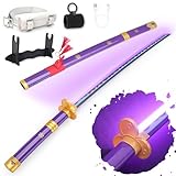 RENGENG Light Up Sword, 40 Inches Rechargeable Pre-Assembled Plastic Replica Anime Sword with Belt & Stand & Spinner, Emma Purple
