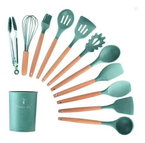 Kit 12 Peças Utensílios De Cozinha Em Silicone Antiaderentes Com Cabo De Madeira Com Suporte Colher