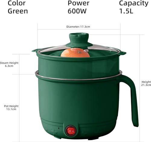 Image of Electric Cooking Pot with Steamer 1.5L | Multi-Function Mini Cooker | Non-Stick Inner | Travel Friendly Kitchen Appliance (Green, With Steamer)
