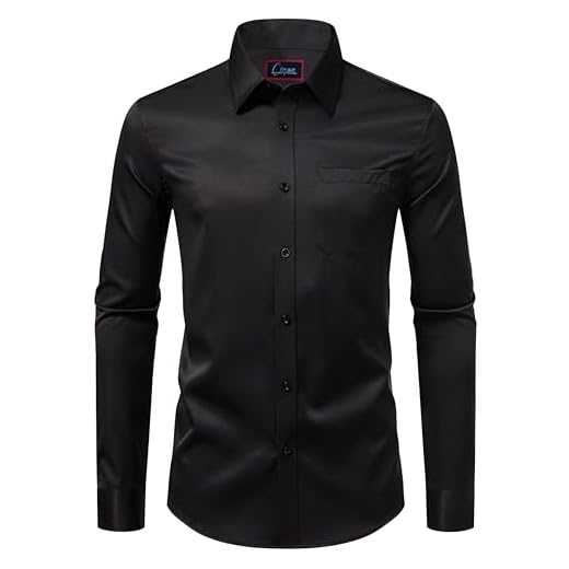 ONKEEP Camisas sociais masculinas de manga comprida com botões, cor lisa, casual, negócios, modelagem regular com bolso, Preto, PP
