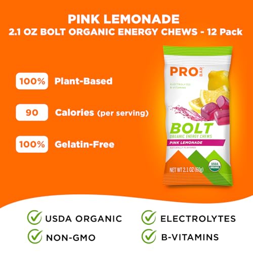 PROBAR - BOLT Organic Energy Chews, Pink Lemonade, Non-GMO, Gluten-Free, USDA Certified Organic, Healthy, Natural Energy, Fast Fuel Gummies with Vitamins B & C (12 Count)