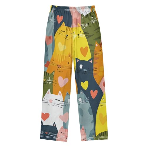 Cartoon Cat Love Heart Boys Long Pants Soft Trousers Elastic Waist Kids Lounge Bottoms with Pockets S-XL2