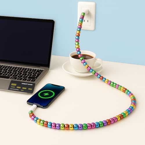 Image of Stylish [Apple MFi Certified] Beaded Phone Charger Cable Metallic Colors USB Cable 2 in1 USB-C Charging Cord for Smartphones 3.3ft (Multicolor)
