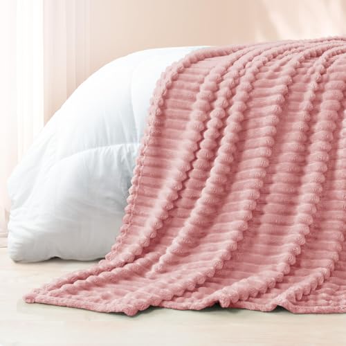 Exclusivo Mezcla Fleece Throw Blanket for Couch, Super Soft Striped Jacquard Bed Blanket, Lightweight Fuzzy Cozy for All Seasons, 127x152 CM, Pink