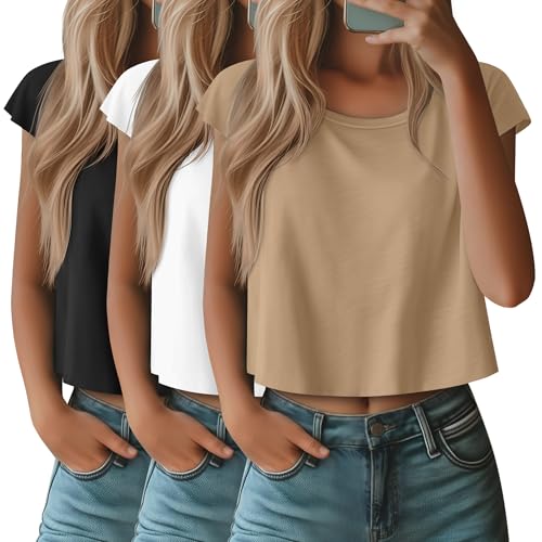 Oakgarden 3 Pack Women's Crop Tops Cap Sleeve Crew Neck