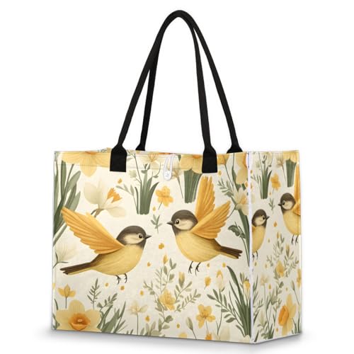 Yellow Bird Floral Tote Bag for Women Large Beach Bag Reusable Tote Bags for Work Travel Beach Shopping