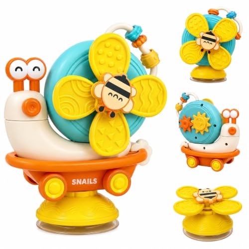 Image of PLUSPOINT Snail-Shaped Friction Powered Spinner Toy for Babies & Toddlers | Colorful Suction Cup Spinner for Window & Bath | Sensory Montessori Activity Toy for Fine Motor Skills