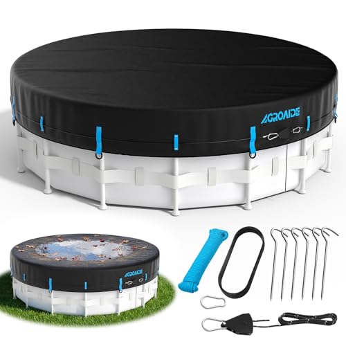 AGROAIDE 14ft Round Pool Cover Upgraded Seamless Side Design 3-in-1 Super Windproof System with Fast Ratchet Tie Downs 420D Oxford Fabric for Above Ground Pool - All Season Use Tear Resistant