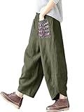 [Ｍｉｎｅｓａｍ] レディース ロングパンツ ガウチョパンツ リネン サルエルパンツ 綿麻 ゆったり 着痩せ ワイドパンツ カジュアル (グリーン,L)
